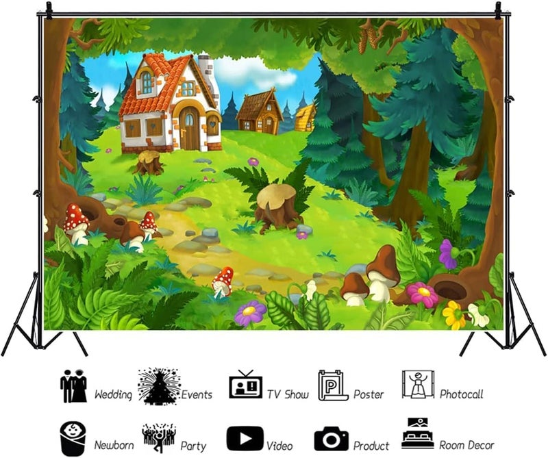 Renaiss 5x3ft Cartoon Forest Backdrop Fairytale Green Forest Village Wood Hut Mushroom Flowers Wonderland Photography Background for Baby Shower Kids Birthday Party Decor Photo Studio Props - Image 3